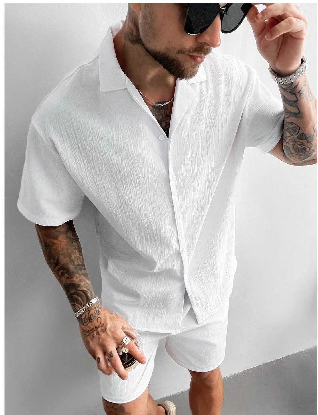 2-Piece Men's Summer Set – Cuban Collar Linen Shirt & Drawstring Shorts