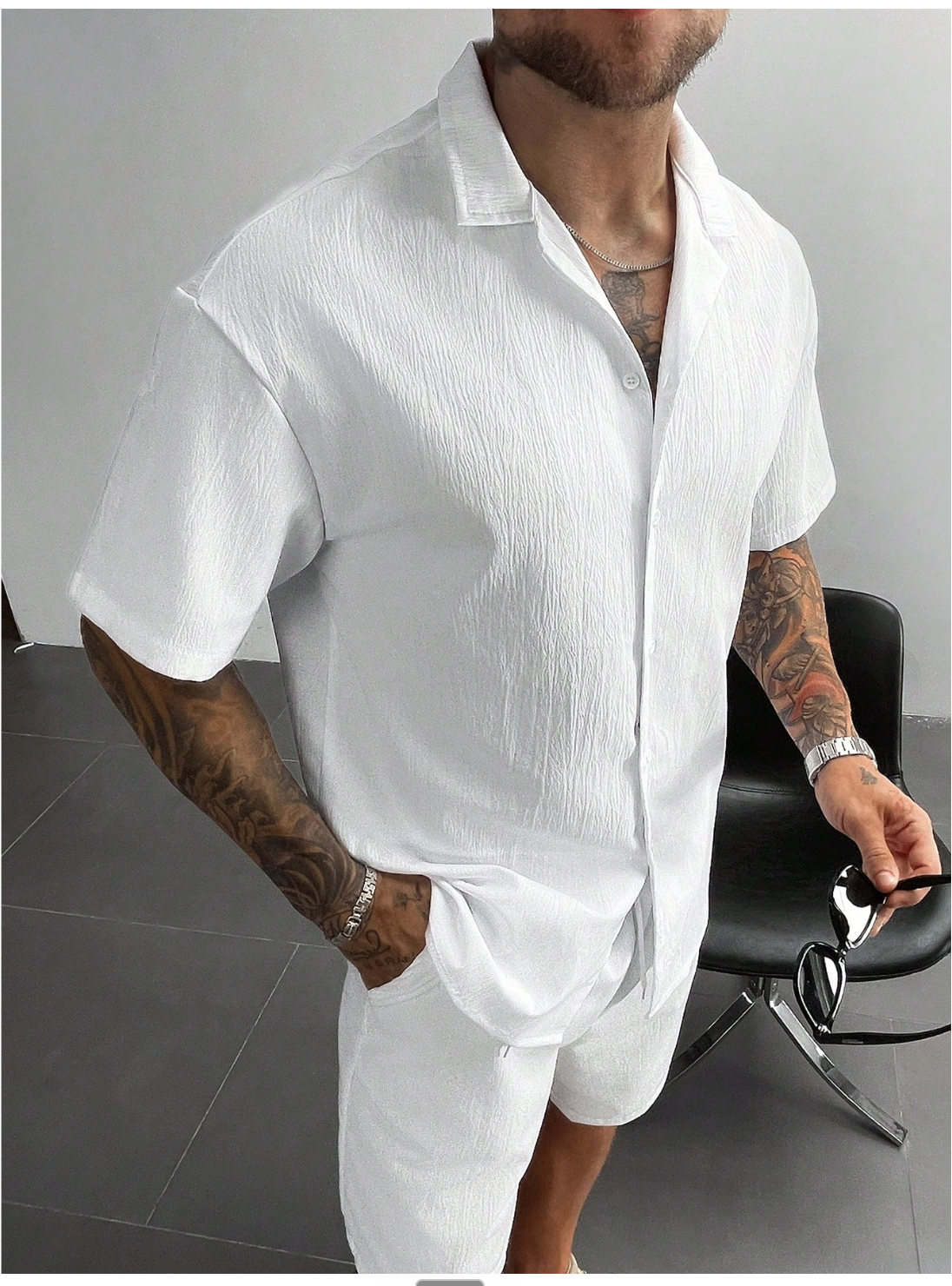 2-Piece Men's Summer Set – Cuban Collar Linen Shirt & Drawstring Shorts