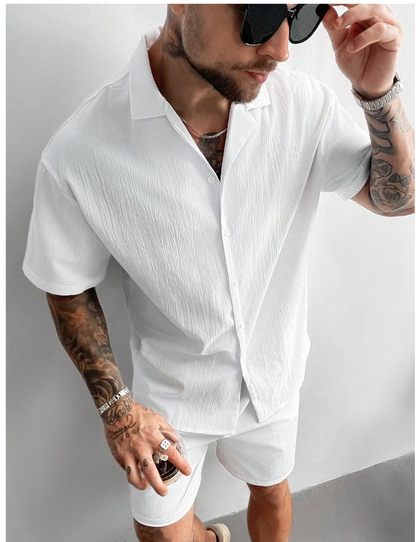 2-Piece Men's Summer Set – Cuban Collar Linen Shirt & Drawstring Shorts